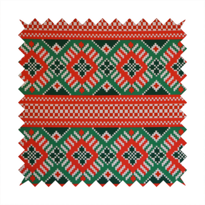 Classic Red & Green Geometric Woven Christmas Print Upholstery Fabric DP-68