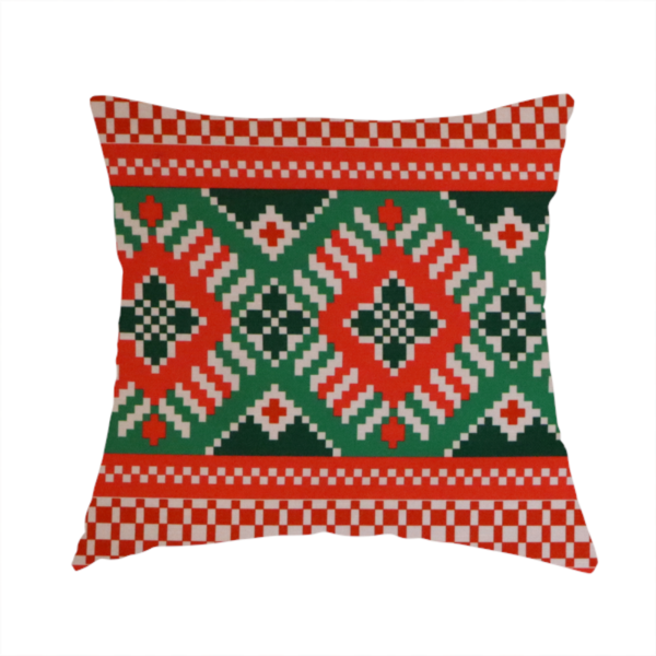Classic Red & Green Geometric Woven Christmas Print Upholstery Fabric DP-68 - Handmade Cushions