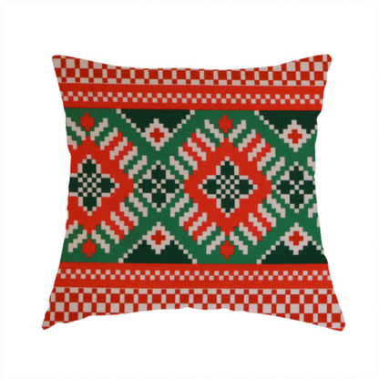 Classic Red & Green Geometric Woven Christmas Print Upholstery Fabric DP-68 - Handmade Cushions
