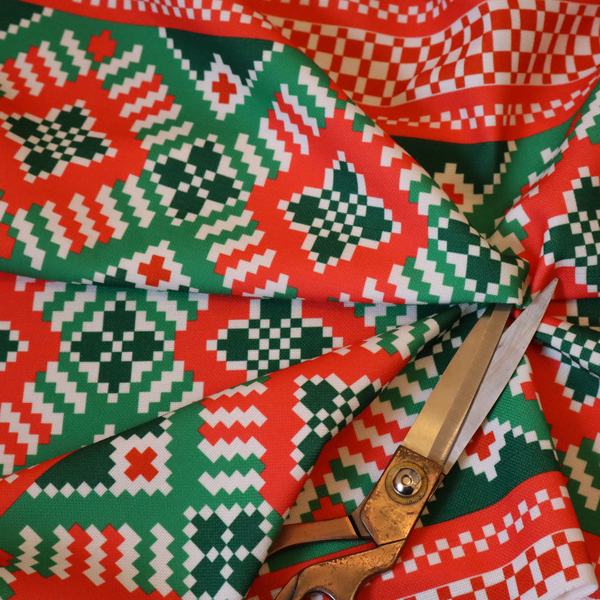 Classic Red & Green Geometric Woven Christmas Print Upholstery Fabric DP-68