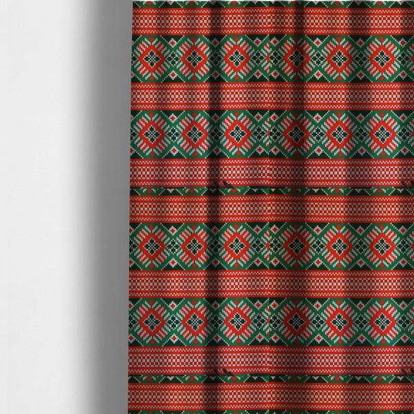 Classic Red & Green Geometric Woven Christmas Print Upholstery Fabric DP-68 - Made To Measure Curtains