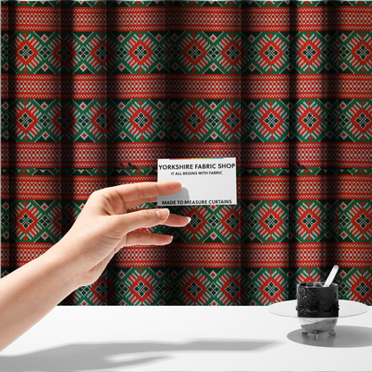 Classic Red & Green Geometric Woven Christmas Print Upholstery Fabric DP-68 - Made To Measure Curtains