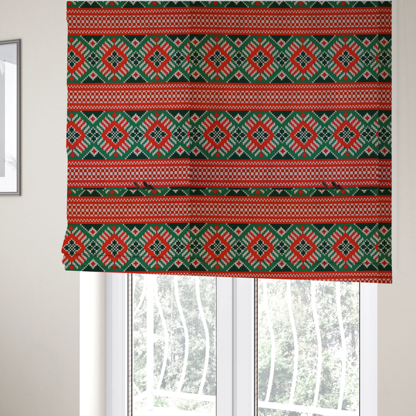 Classic Red & Green Geometric Woven Christmas Print Upholstery Fabric DP-68 - Roman Blinds