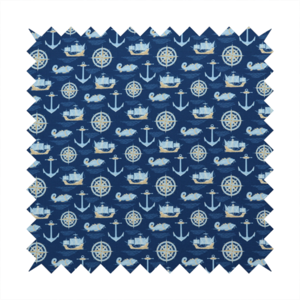 A nautical-themed fabric pattern featuring alternating rows of light blue and gold sailing ships, compass roses, anchors, and fish against a dark blue background.