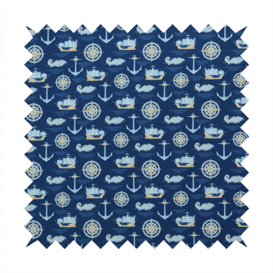 A nautical-themed fabric pattern featuring alternating rows of light blue and gold sailing ships, compass roses, anchors, and fish against a dark blue background.