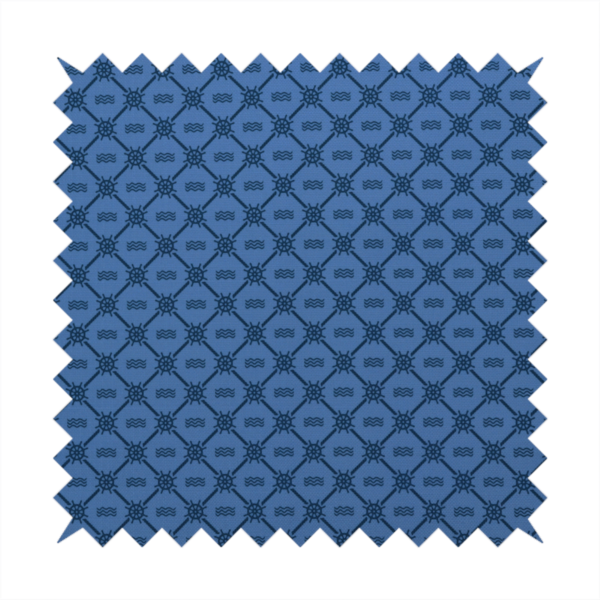 A nautical-themed fabric pattern featuring a repeating navy blue geometric grid of ship's wheels and small wavy lines against a medium blue background.