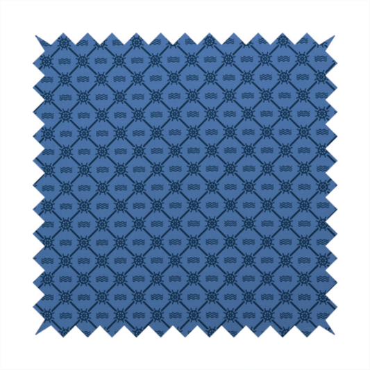 A nautical-themed fabric pattern featuring a repeating navy blue geometric grid of ship's wheels and small wavy lines against a medium blue background.