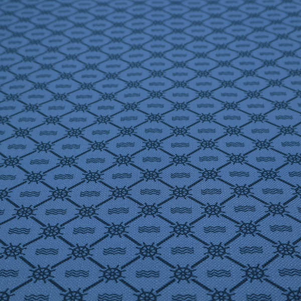 A nautical-themed fabric pattern featuring a repeating navy blue geometric grid of ship's wheels and small wavy lines against a medium blue background.