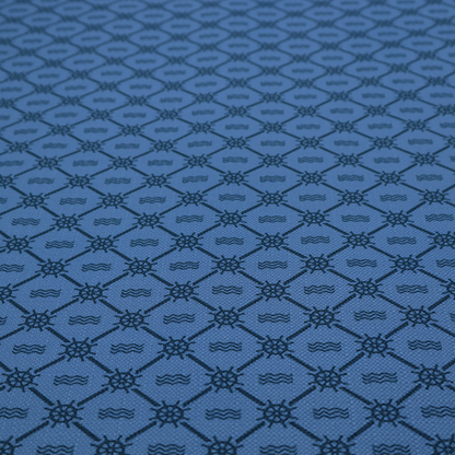A nautical-themed fabric pattern featuring a repeating navy blue geometric grid of ship's wheels and small wavy lines against a medium blue background.