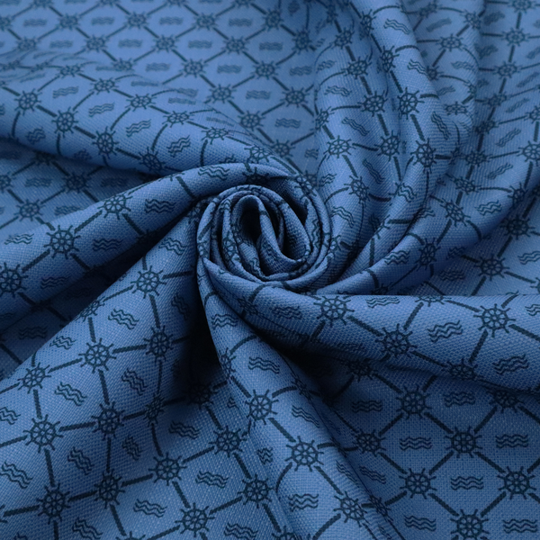 A nautical-themed fabric pattern featuring a repeating navy blue geometric grid of ship's wheels and small wavy lines against a medium blue background.