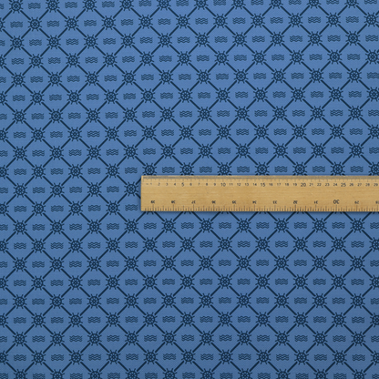 A nautical-themed fabric pattern featuring a repeating navy blue geometric grid of ship's wheels and small wavy lines against a medium blue background.