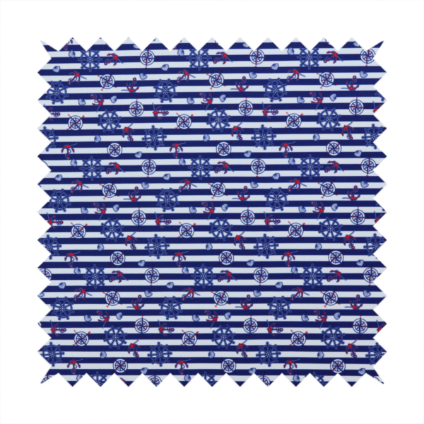 A nautical-themed fabric pattern featuring alternating horizontal stripes of navy blue and light blue, scattered with small dark blue ship's wheels, red anchors, and compass roses.
