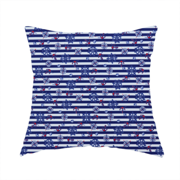The fabric used to create this handmade cushion is a nautical-themed fabric pattern featuring alternating horizontal stripes of navy blue and light blue, scattered with small dark blue ship's wheels, red anchors, and compass roses.