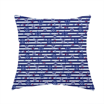 The fabric used to create this handmade cushion is a nautical-themed fabric pattern featuring alternating horizontal stripes of navy blue and light blue, scattered with small dark blue ship's wheels, red anchors, and compass roses.