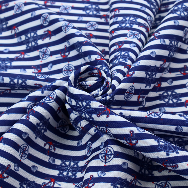A nautical-themed fabric pattern featuring alternating horizontal stripes of navy blue and light blue, scattered with small dark blue ship's wheels, red anchors, and compass roses.