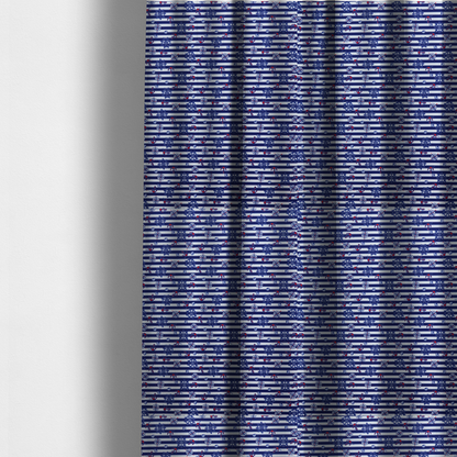 The fabric used to create these made-to-measure curtains is a nautical-themed fabric pattern featuring alternating horizontal stripes of navy blue and light blue, scattered with small dark blue ship's wheels, red anchors, and compass roses.