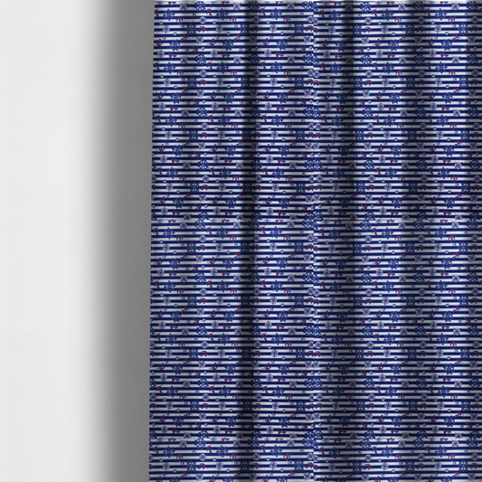 The fabric used to create these made-to-measure curtains is a nautical-themed fabric pattern featuring alternating horizontal stripes of navy blue and light blue, scattered with small dark blue ship's wheels, red anchors, and compass roses.
