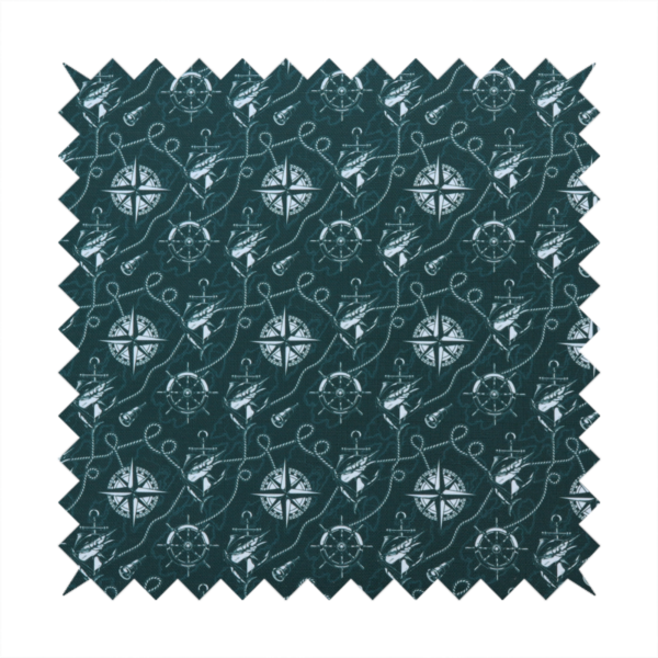A nautical-themed fabric pattern featuring light blue compass roses, ships, anchors, and intertwined ropes against a dark teal or green background.
