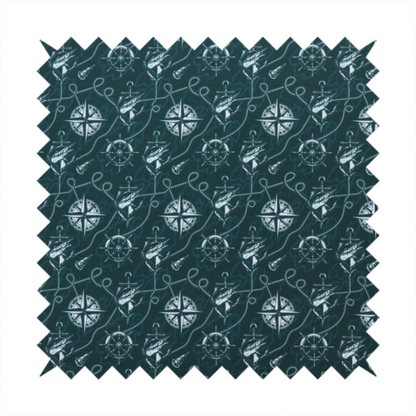 A nautical-themed fabric pattern featuring light blue compass roses, ships, anchors, and intertwined ropes against a dark teal or green background.