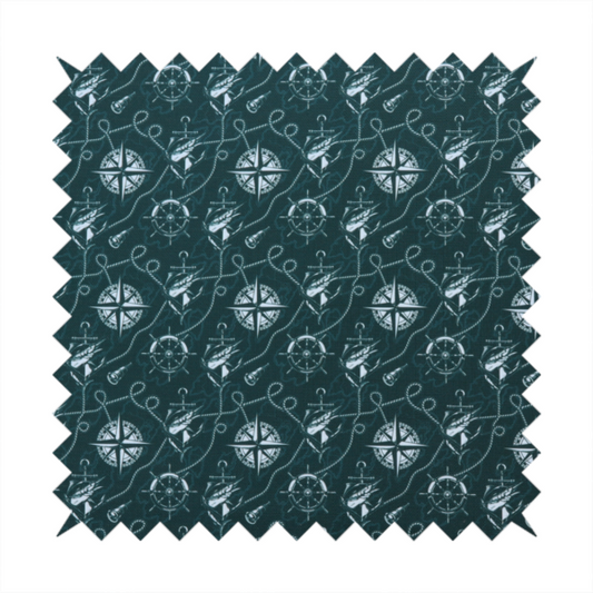 A nautical-themed fabric pattern featuring light blue compass roses, ships, anchors, and intertwined ropes against a dark teal or green background.