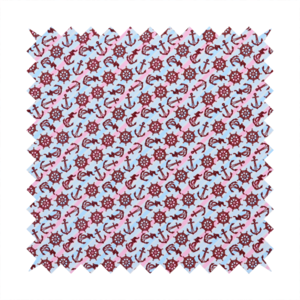 A nautical-themed fabric pattern featuring diagonal stripes in light blue and pink, scattered with dark red ship's wheels and anchors.