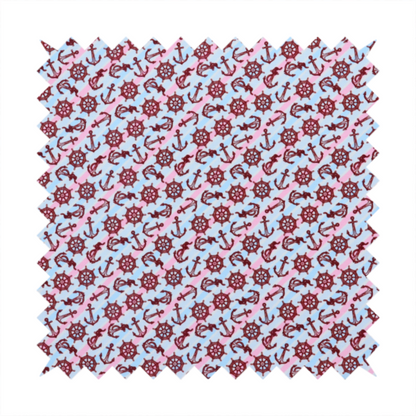 A nautical-themed fabric pattern featuring diagonal stripes in light blue and pink, scattered with dark red ship's wheels and anchors.
