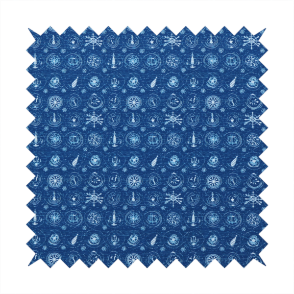 A nautical-themed fabric pattern featuring an all-over small-scale print of white ship's wheels, anchors, compass roses, and nautical motifs against a textured dark blue background.