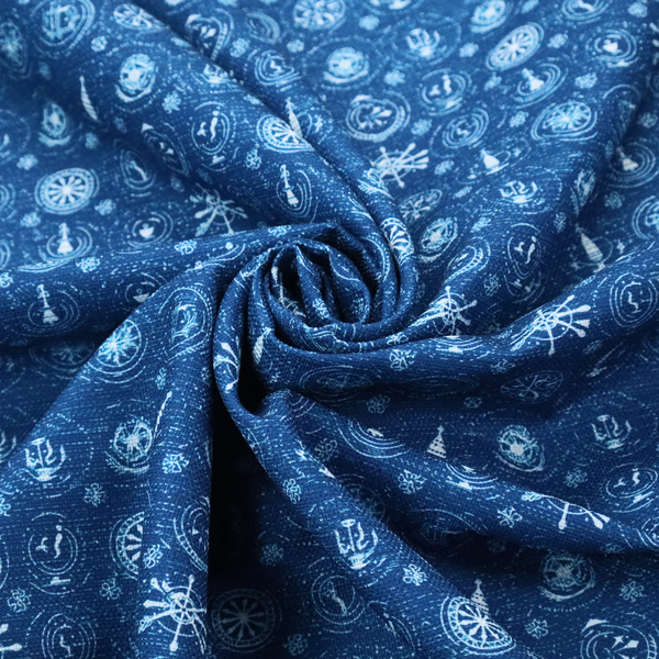 A nautical-themed fabric pattern featuring an all-over small-scale print of white ship's wheels, anchors, compass roses, and nautical motifs against a textured dark blue background.
