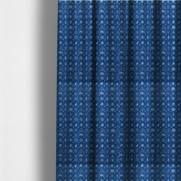The fabric used to create these made-to-measure curtains is a nautical-themed fabric pattern featuring an all-over small-scale print of white ship's wheels, anchors, compass roses, and nautical motifs against a textured dark blue background.