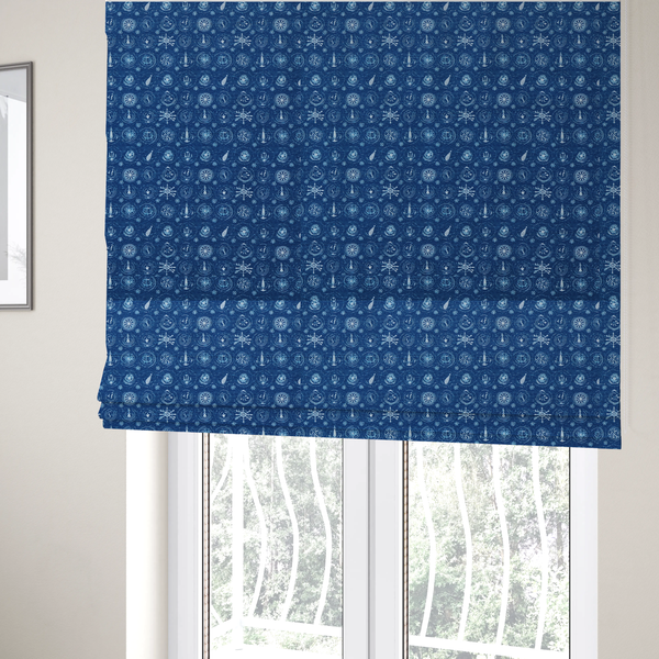 The fabric used to create these Roman blinds is a nautical-themed fabric pattern featuring an all-over small-scale print of white ship's wheels, anchors, compass roses, and nautical motifs against a textured dark blue background.