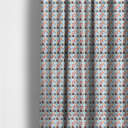 The fabric used to create these made-to-measure curtains is a colourful nautical-themed fabric pattern featuring a repeating mix of lighthouses, sailboats, life rings, ship's wheels, anchors, and waves against a white background.