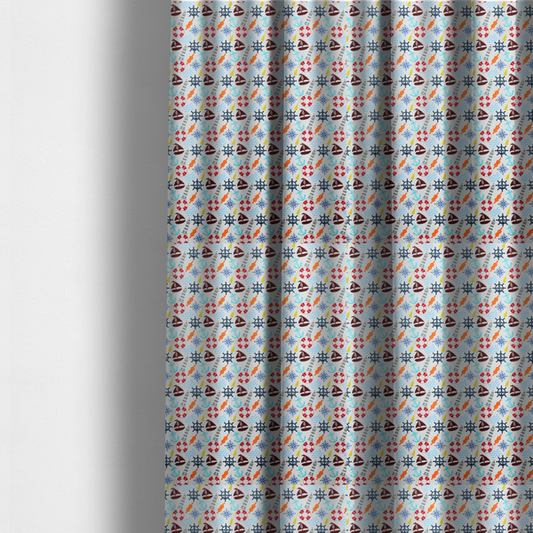 The fabric used to create these made-to-measure curtains is a colourful nautical-themed fabric pattern featuring a repeating mix of lighthouses, sailboats, life rings, ship's wheels, anchors, and waves against a white background.