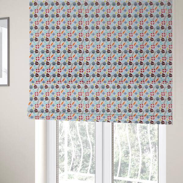 The fabric used to create these Roman blinds is a colourful nautical-themed fabric pattern featuring a repeating mix of lighthouses, sailboats, life rings, ship's wheels, anchors, and waves against a white background.