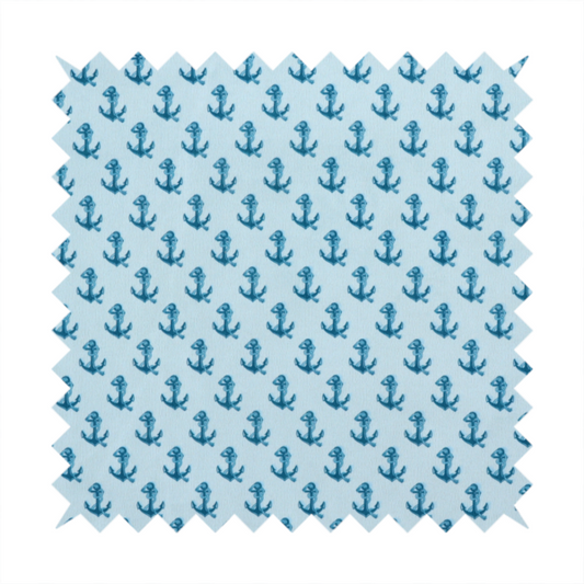 A nautical-themed fabric pattern featuring a repeating print of dark blue anchors against a light blue background.