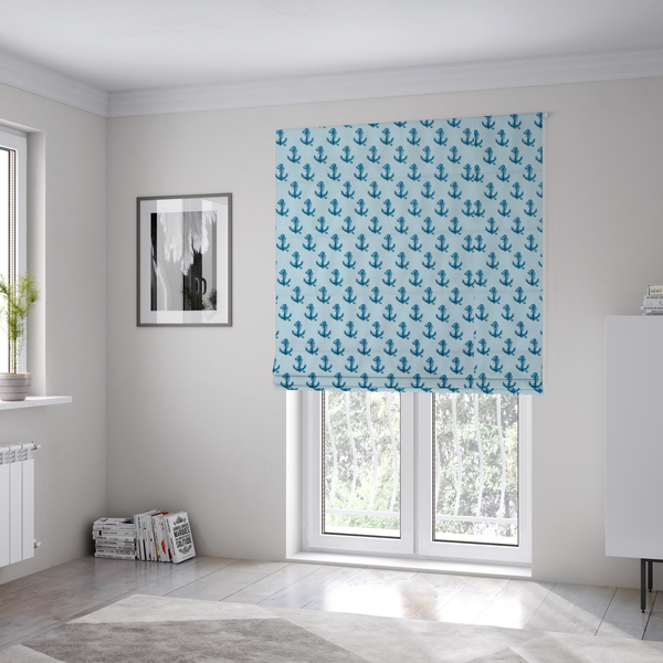 The fabric used to create these Roman blinds is a nautical-themed fabric pattern featuring a repeating print of dark blue anchors against a light blue background.