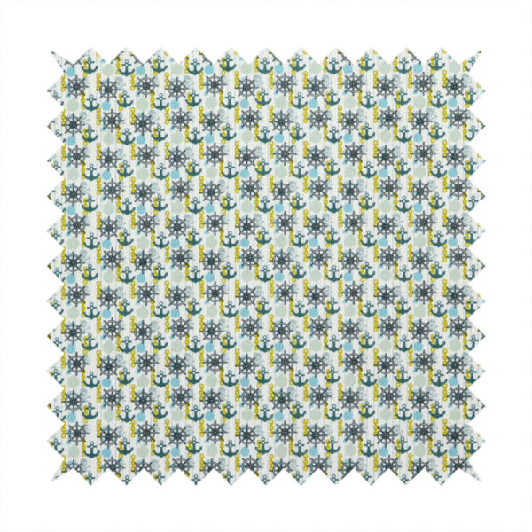 The pattern features a nautical theme consisting of ships' steering wheels, anchors, and vertical chains.