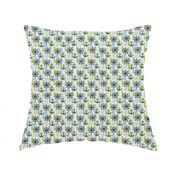 The fabric used to create this handmade cushion is a pattern features a nautical theme consisting of ships' steering wheels, anchors, and vertical chains.