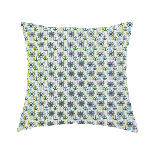 The fabric used to create this handmade cushion is a pattern features a nautical theme consisting of ships' steering wheels, anchors, and vertical chains.