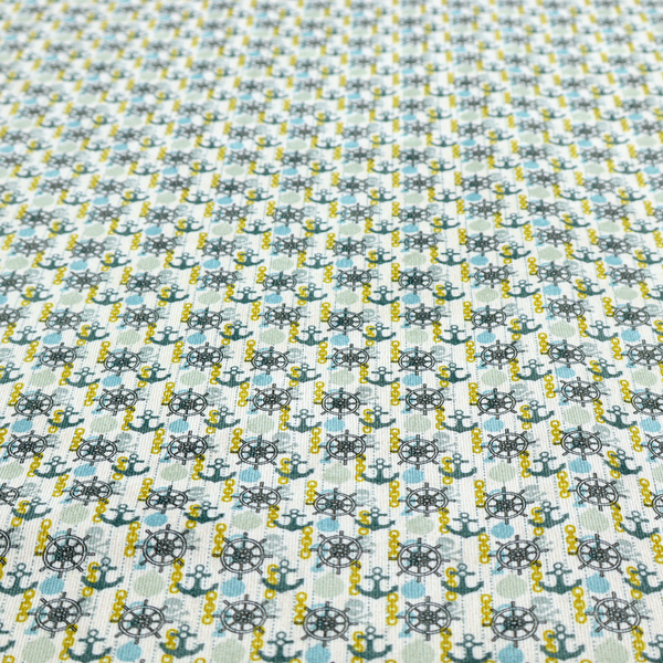 The pattern features a nautical theme consisting of ships' steering wheels, anchors, and vertical chains.