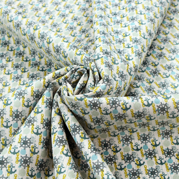 The pattern features a nautical theme consisting of ships' steering wheels, anchors, and vertical chains.