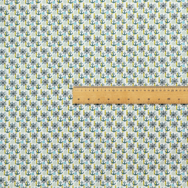The pattern features a nautical theme consisting of ships' steering wheels, anchors, and vertical chains.