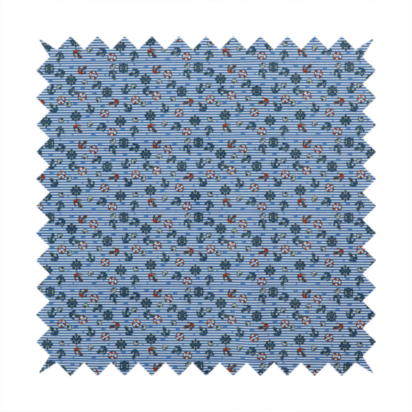 The pattern features a nautical theme filled with tiny ships' steering wheels, anchors, and lifebuoys scattered across the fabric.