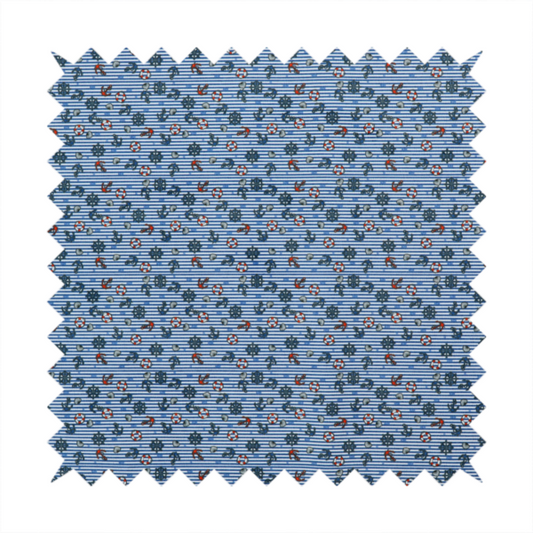 The pattern features a nautical theme filled with tiny ships' steering wheels, anchors, and lifebuoys scattered across the fabric.
