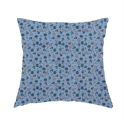 The fabric used to create this handmade cushion is a pattern features a nautical theme filled with tiny ships' steering wheels, anchors, and lifebuoys scattered across the fabric.