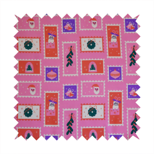 Retro Pink Festive Mini Stamps Holiday Upholstery Fabric DP-69