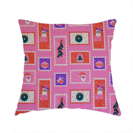 Retro Pink Festive Mini Stamps Holiday Upholstery Fabric DP-69 - Handmade Cushions