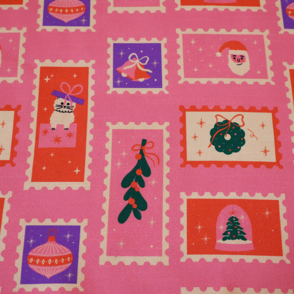 Retro Pink Festive Mini Stamps Holiday Upholstery Fabric DP-69