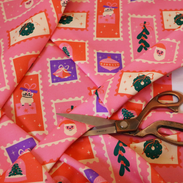 Retro Pink Festive Mini Stamps Holiday Upholstery Fabric DP-69