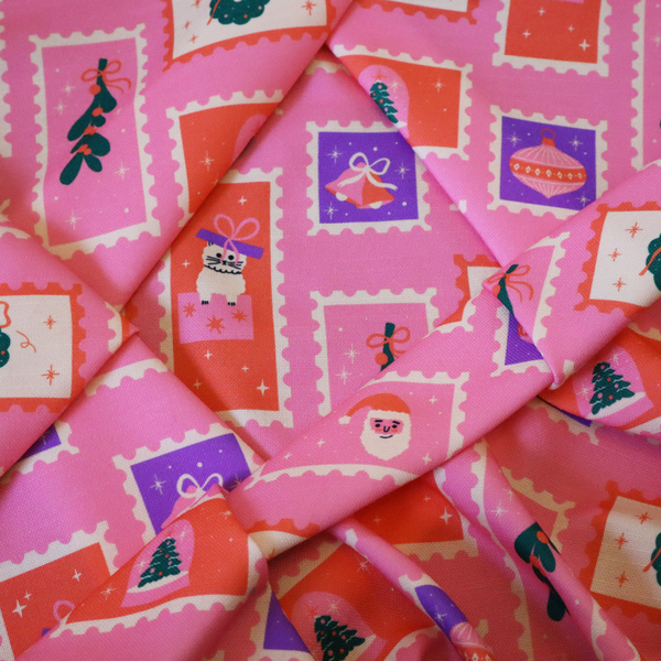 Retro Pink Festive Mini Stamps Holiday Upholstery Fabric DP-69