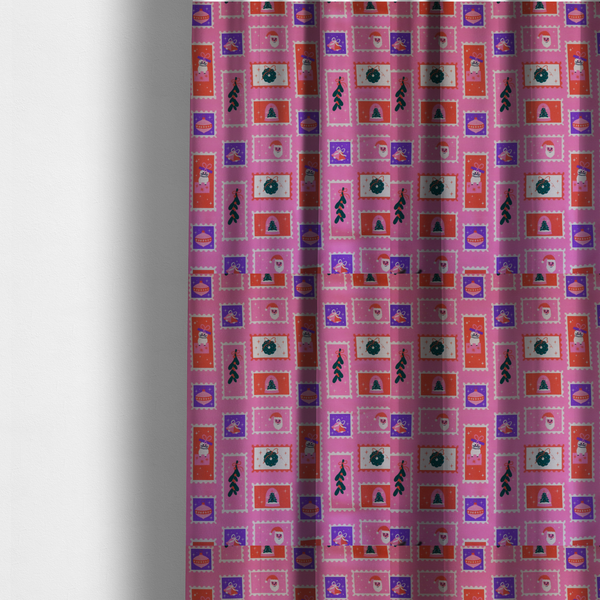 Retro Pink Festive Mini Stamps Holiday Upholstery Fabric DP-69 - Made To Measure Curtains